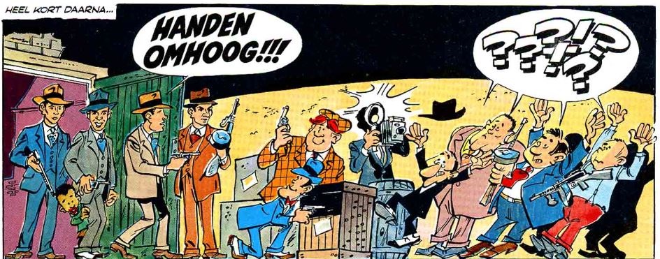 Johnny Goodbye arresting a group of gin smugglers as some vert recognisable caricatures of the Untouchables enter stage right